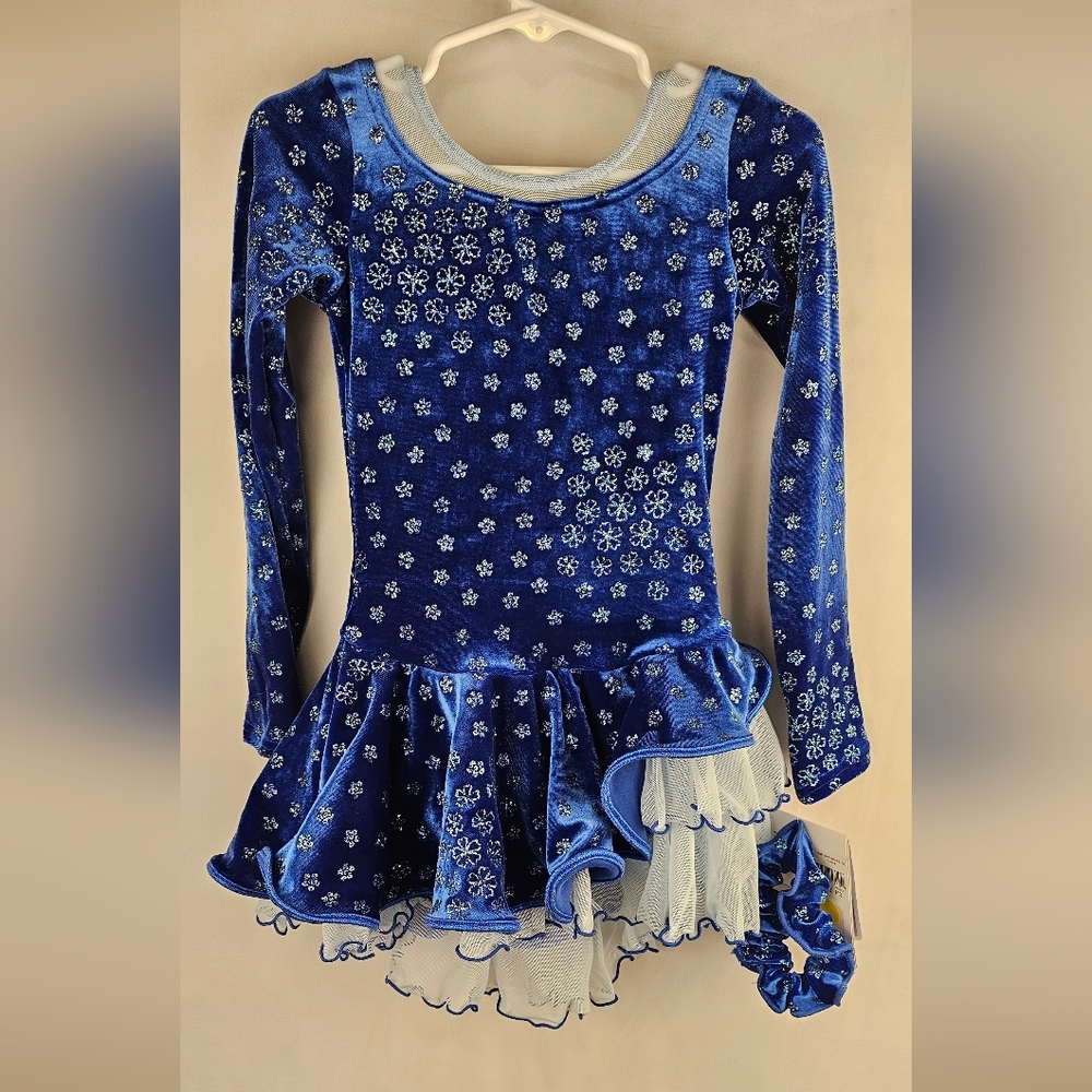 NWT Blue Youth Size 4-6 Skating Dress Tulle Sparkly Floral Scrunchy - Picture 2 of 10